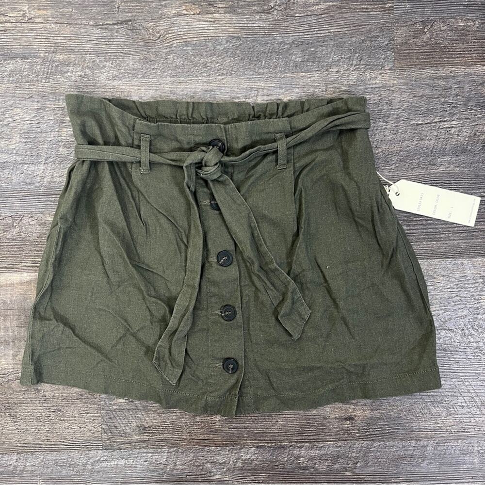 NWT Ci Sono olive green linen bl elastic waist skirt with buttons large L B51